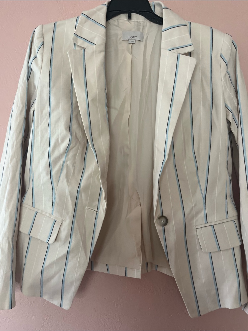 Loft Striped Linen/ cotton Blazer Size 4 One Button Pocket Jacket Cream